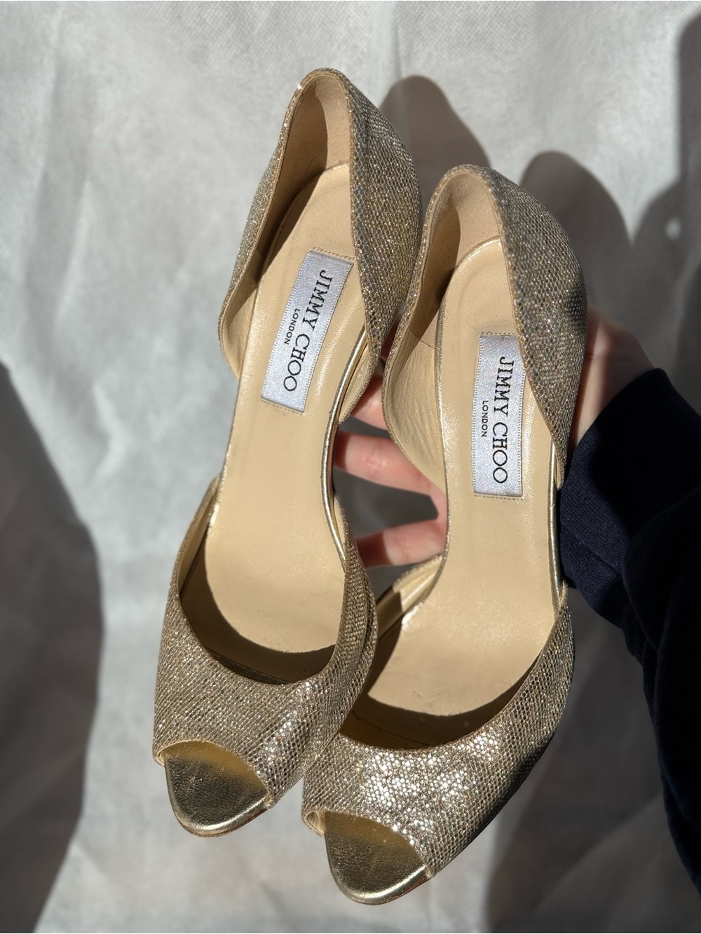 Jimmy Choo Gold Glitter Open-Toe Heels 38